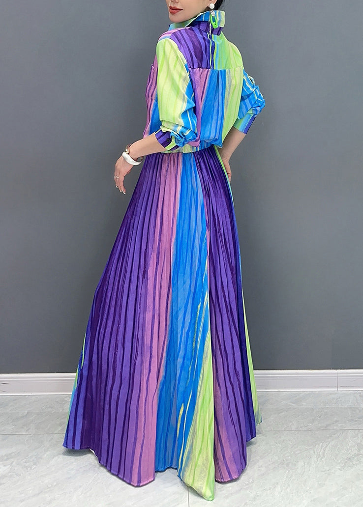 Gradient Color Striped Cotton Women Pleated Sets 2 Pieces Fall