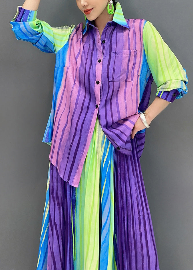 Gradient Color Striped Cotton Women Pleated Sets 2 Pieces Fall