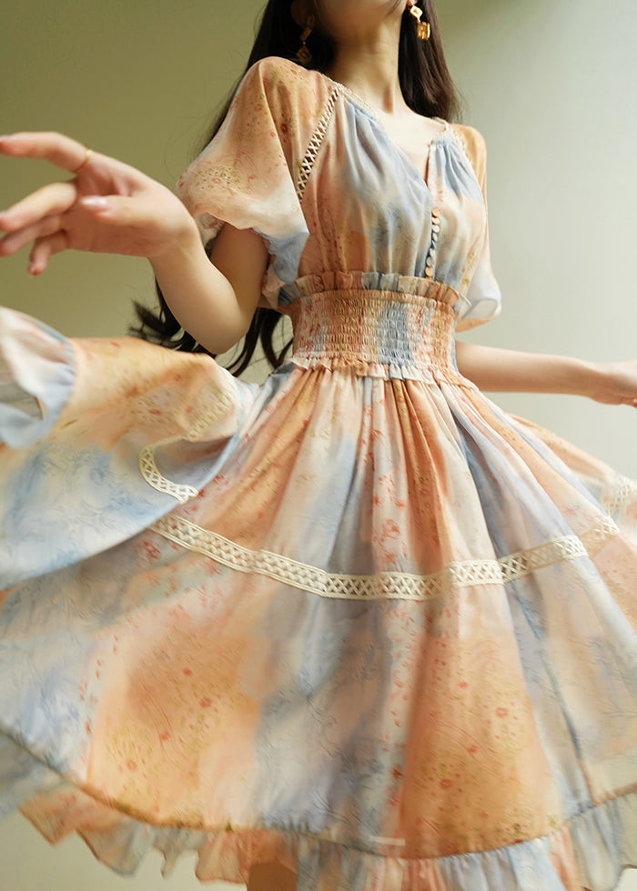 Gradient Color V Neck Patchwork Elastic Waist Long Dress Short Sleeve