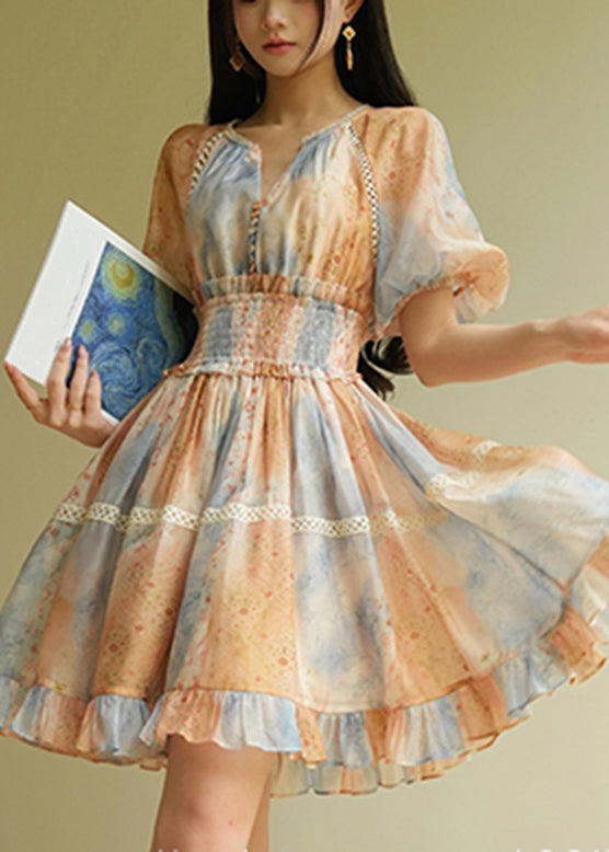 Gradient Color V Neck Patchwork Elastic Waist Long Dress Short Sleeve