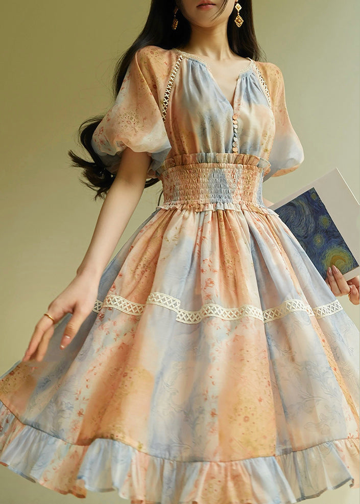 Gradient Color V Neck Patchwork Elastic Waist Long Dress Short Sleeve