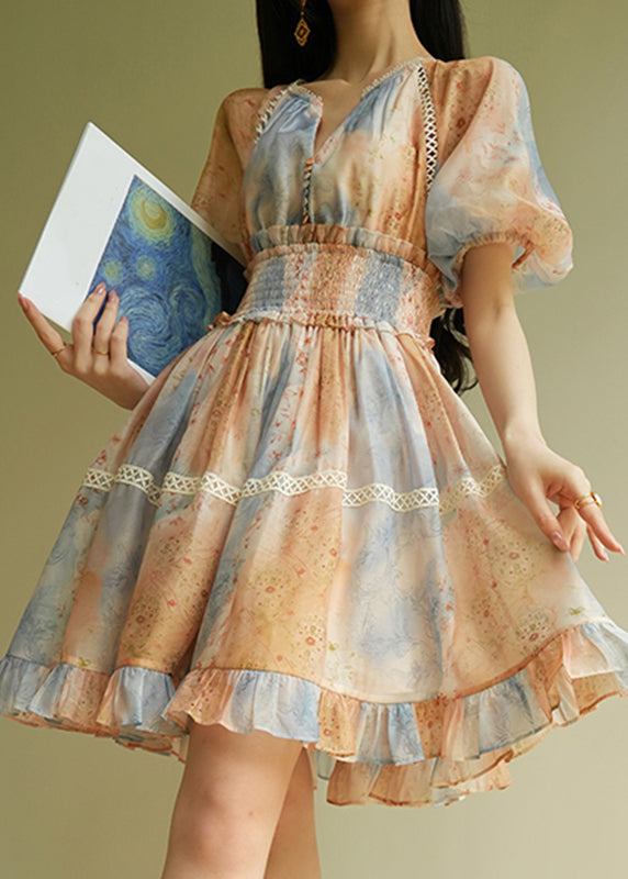 Gradient Color V Neck Patchwork Elastic Waist Long Dress Short Sleeve