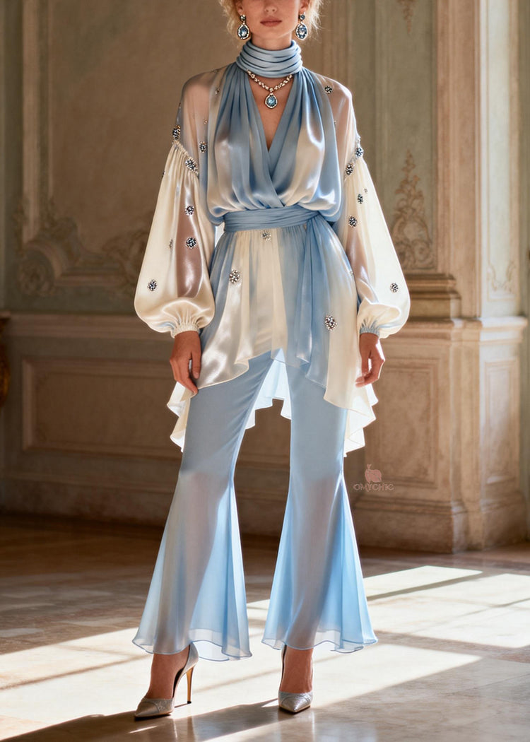 Gradient Color V Neck Patchwork Tunic Chiffon Shirts And Flared Trousers Two Pieces Set Spring - Omychic