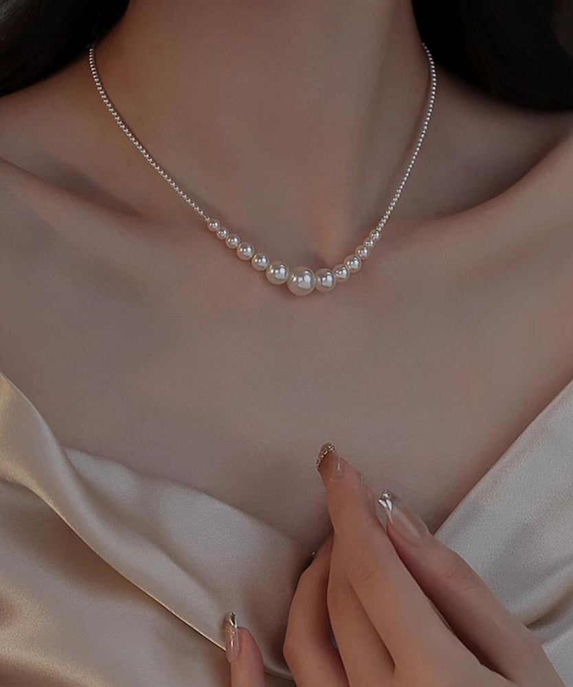 Gradient Color White Sterling Silver Pearl Broken Silver Gratuated Bead Necklace
