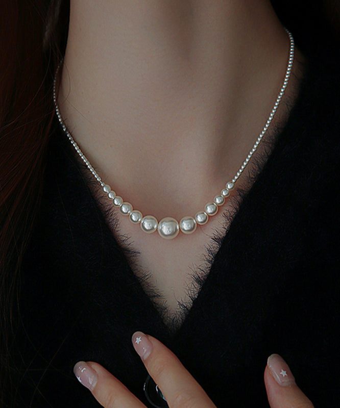 Gradient Color White Sterling Silver Pearl Broken Silver Gratuated Bead Necklace