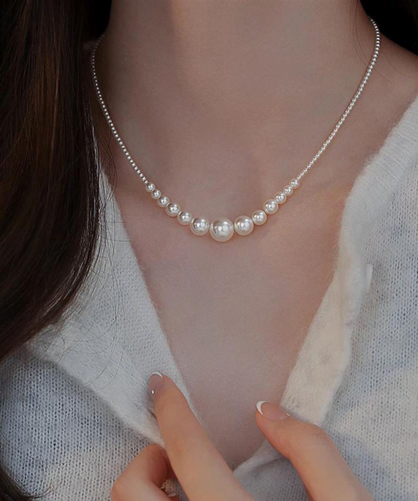 Gradient Color White Sterling Silver Pearl Broken Silver Gratuated Bead Necklace