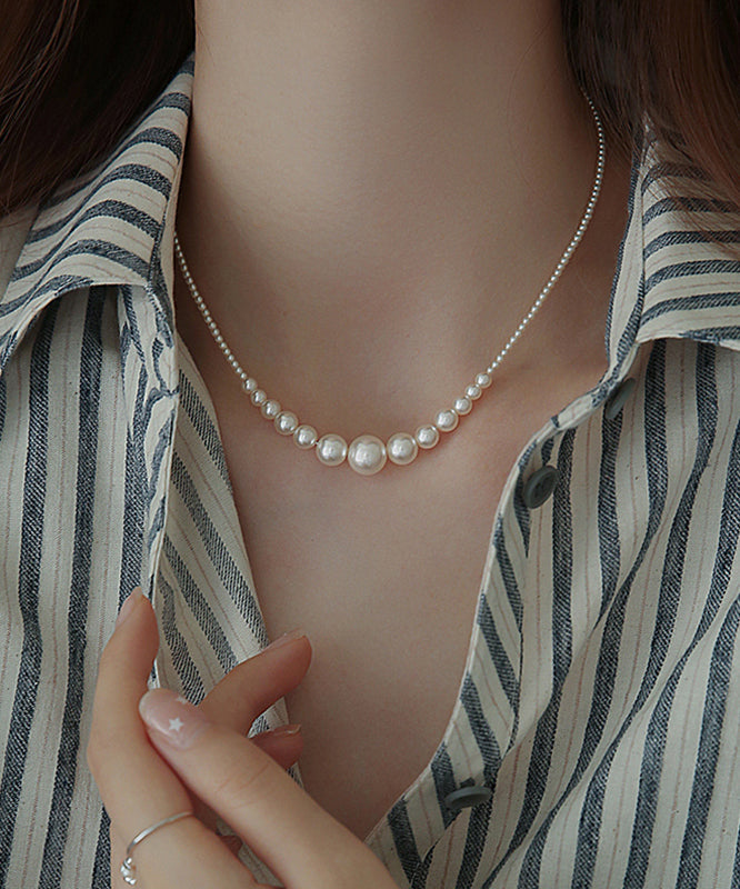 Gradient Color White Sterling Silver Pearl Broken Silver Gratuated Bead Necklace