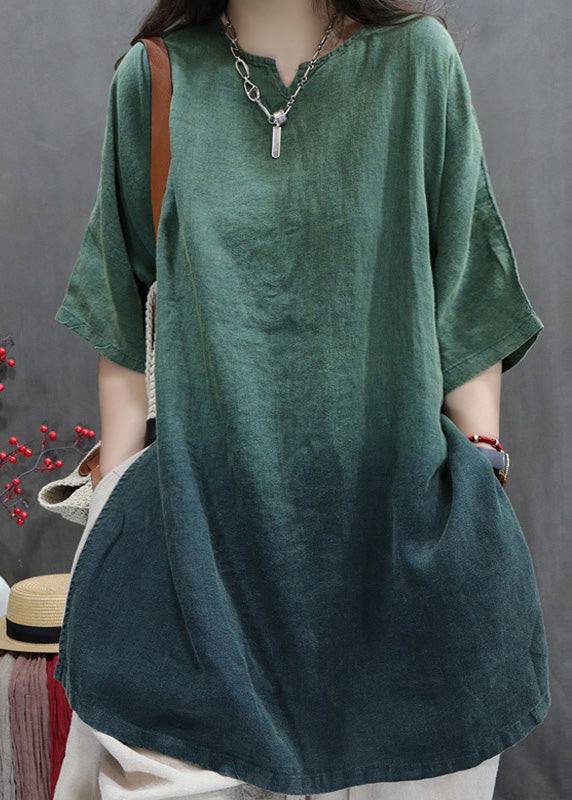 Gradient Green Linen Shirt Oversized Side Open Summer