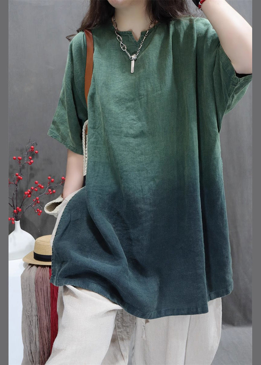 Gradient Green Linen Shirt Oversized Side Open Summer