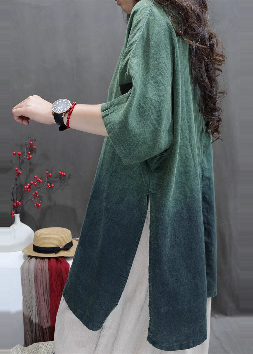 Gradient Green Linen Shirt Oversized Side Open Summer