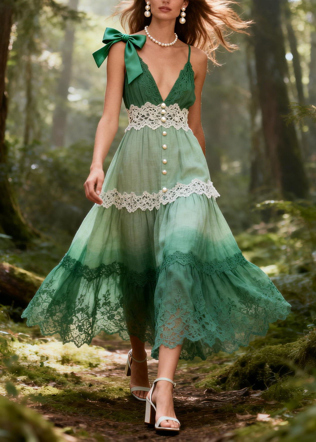 Gradient Green Patchwork Lace Maxi Dresses Fine Pearl Summer