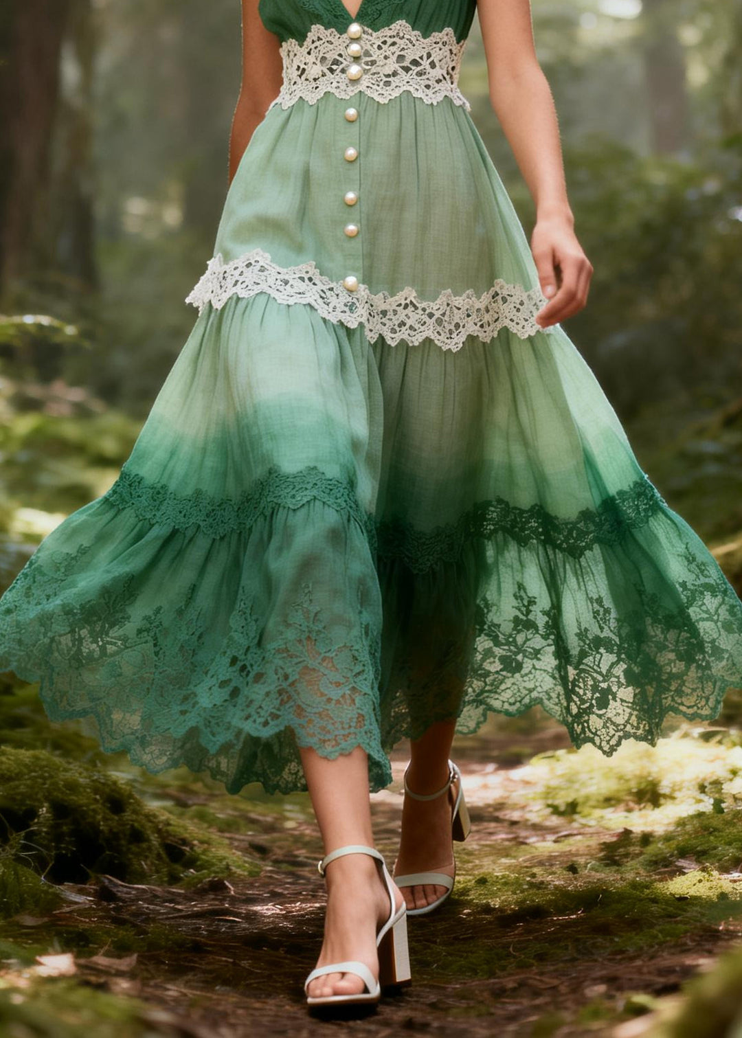 Gradient Green Patchwork Lace Maxi Dresses Fine Pearl Summer