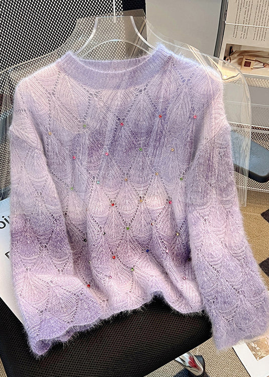 Gradient Purple Knit Sweater Oversized Rhinestone Winter