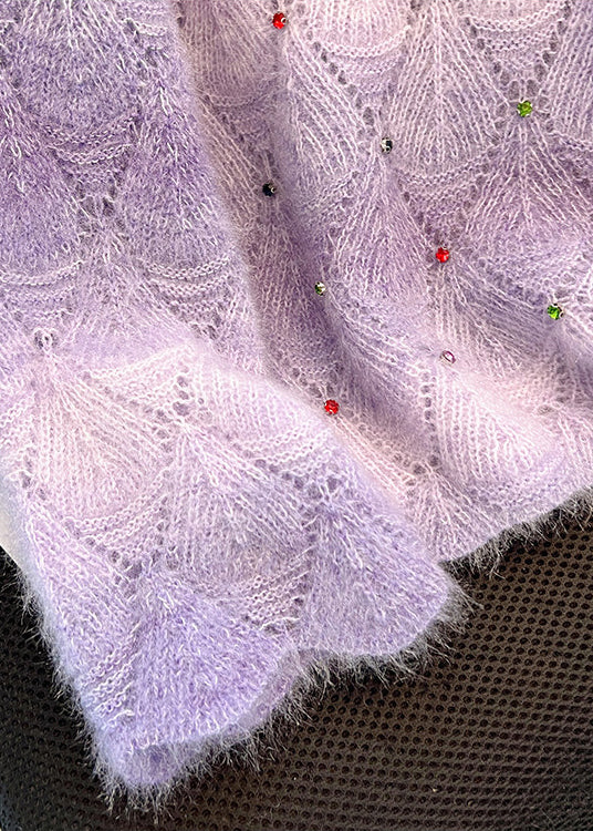 Gradient Purple Knit Sweater Oversized Rhinestone Winter