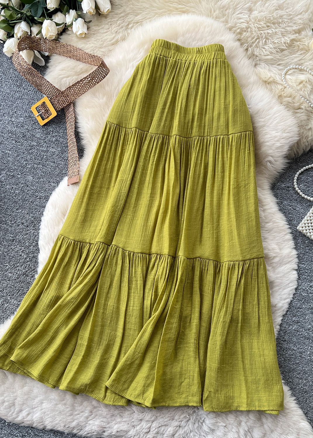 Grass Green Cotton Skirts Elastic Waist Wrinkled Summer