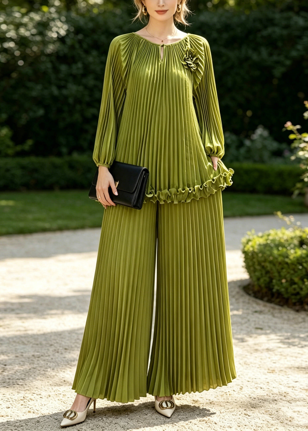 Grass Green Draping Chiffon Two Piece Set Women Clothing Wrinkled Spring