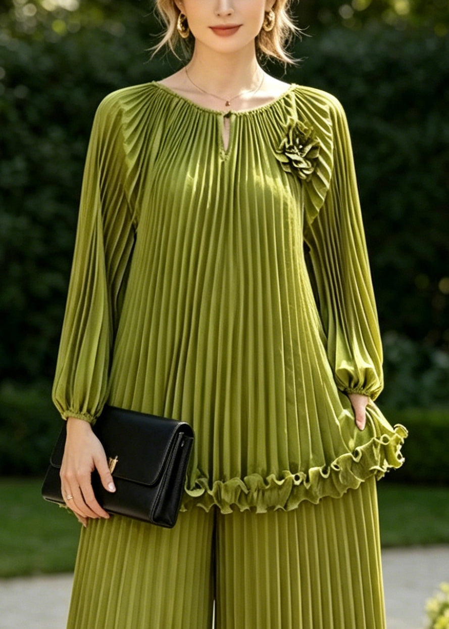 Grass Green Draping Chiffon Two Piece Set Women Clothing Wrinkled Spring