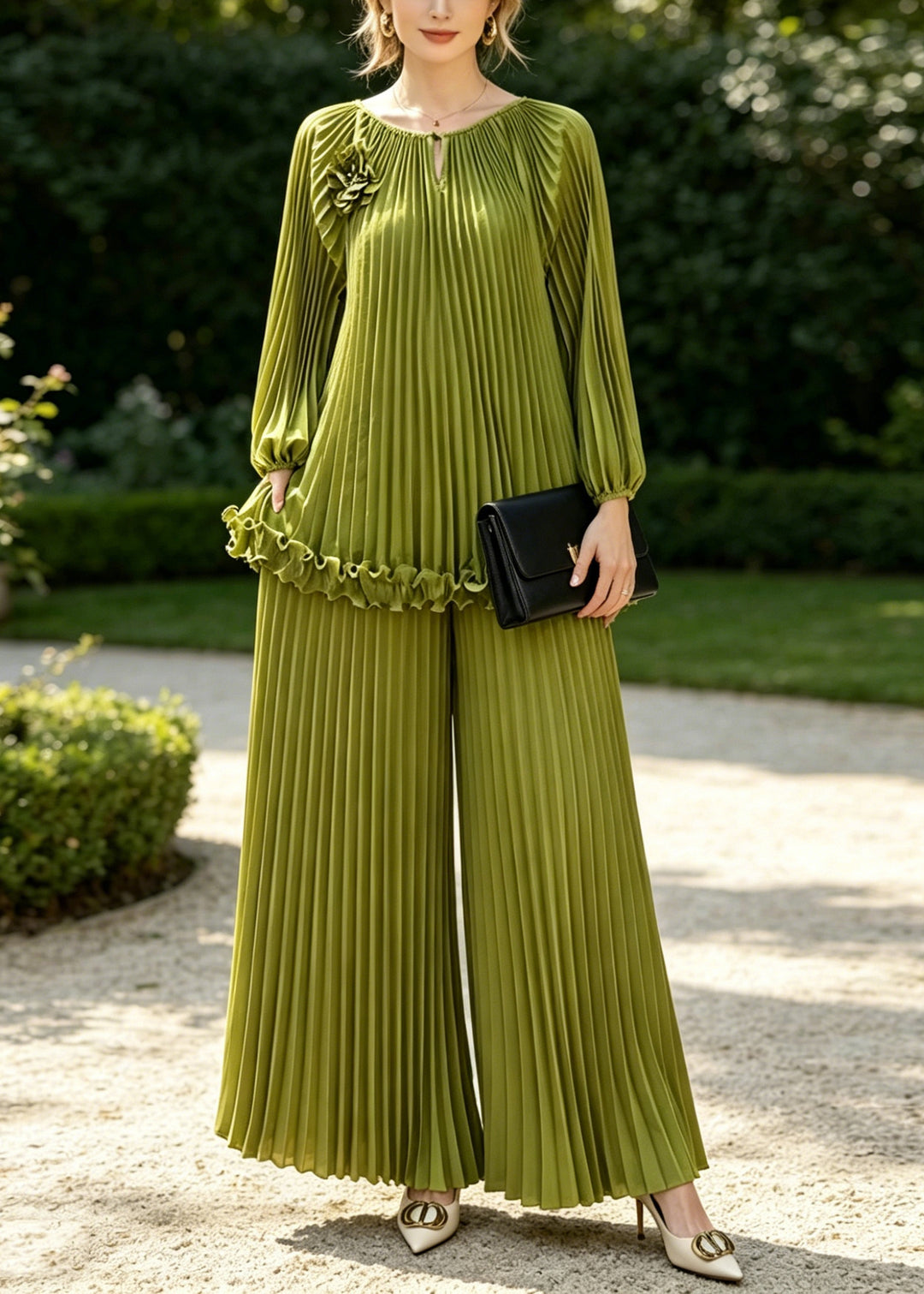 Grass Green Draping Chiffon Two Piece Set Women Clothing Wrinkled Spring