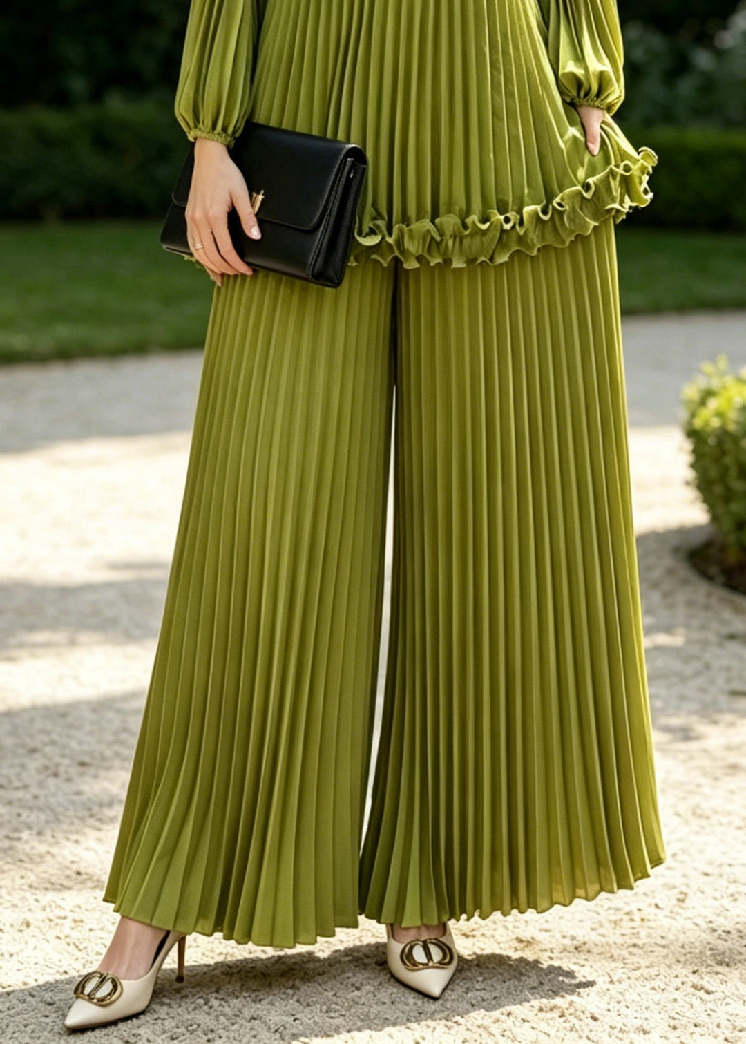 Grass Green Draping Chiffon Two Piece Set Women Clothing Wrinkled Spring