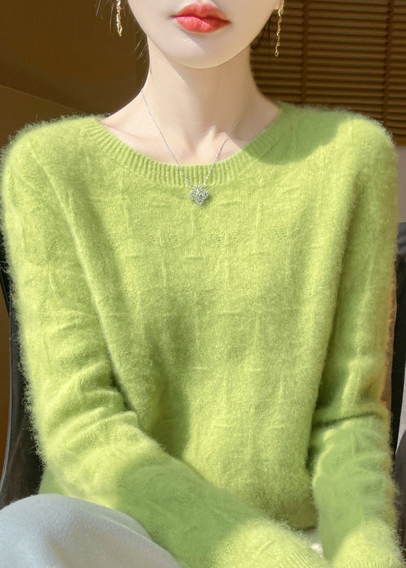Grass Green Knitted Cotton Thread Pullover O-Neck Long Sleeve