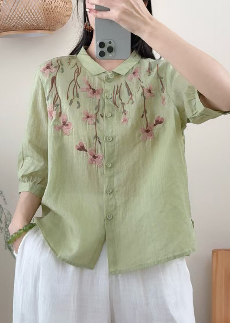 Grass Green Linen Shirt Embroidered Summer