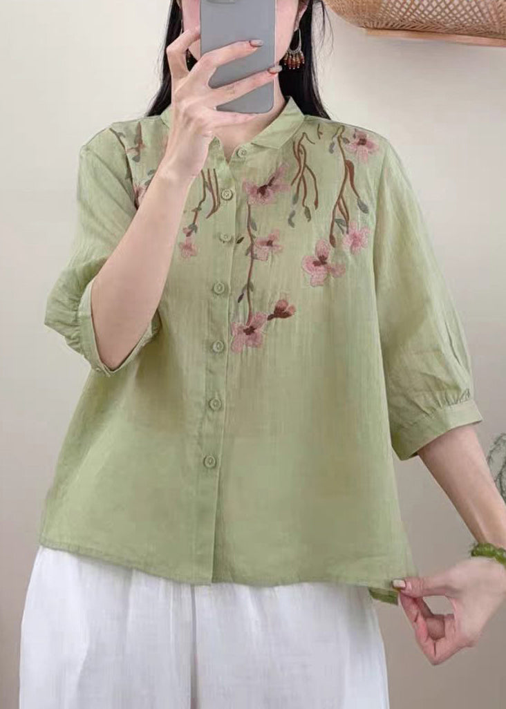 Grass Green Linen Shirt Embroidered Summer
