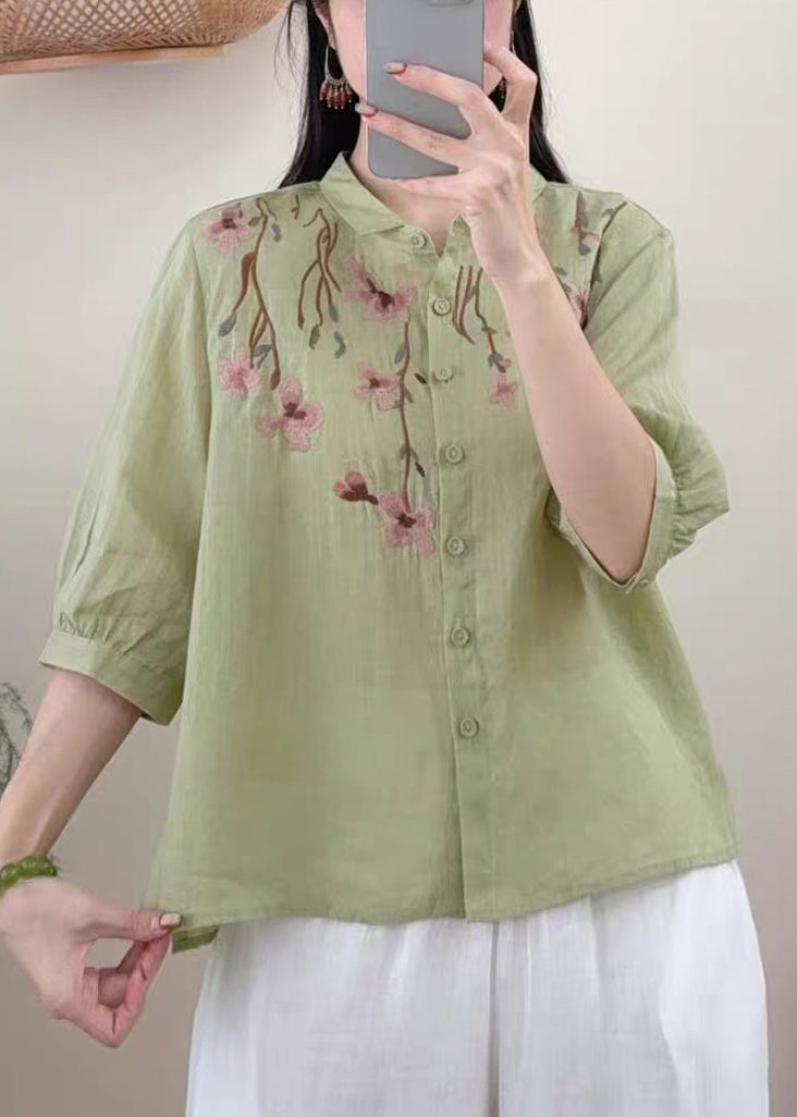Grass Green Linen Shirt Embroidered Summer