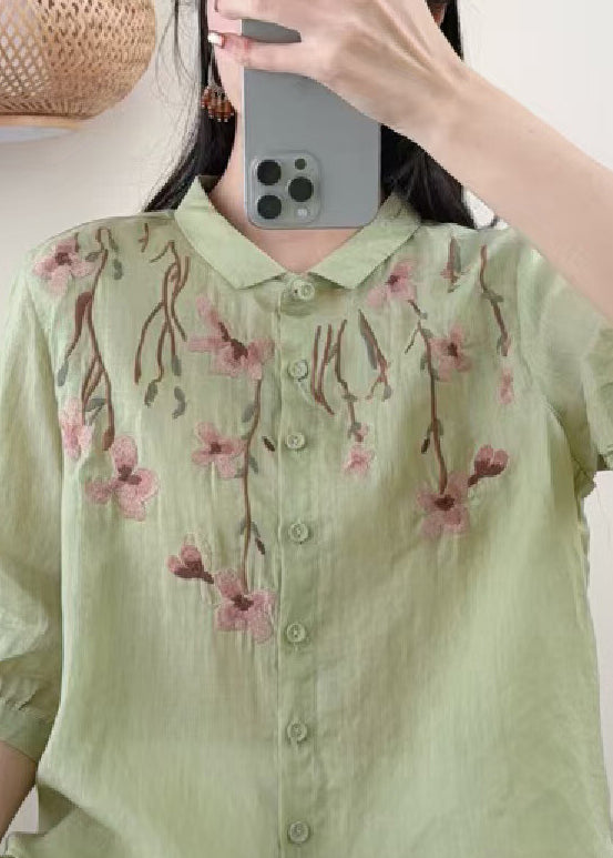 Grass Green Linen Shirt Embroidered Summer