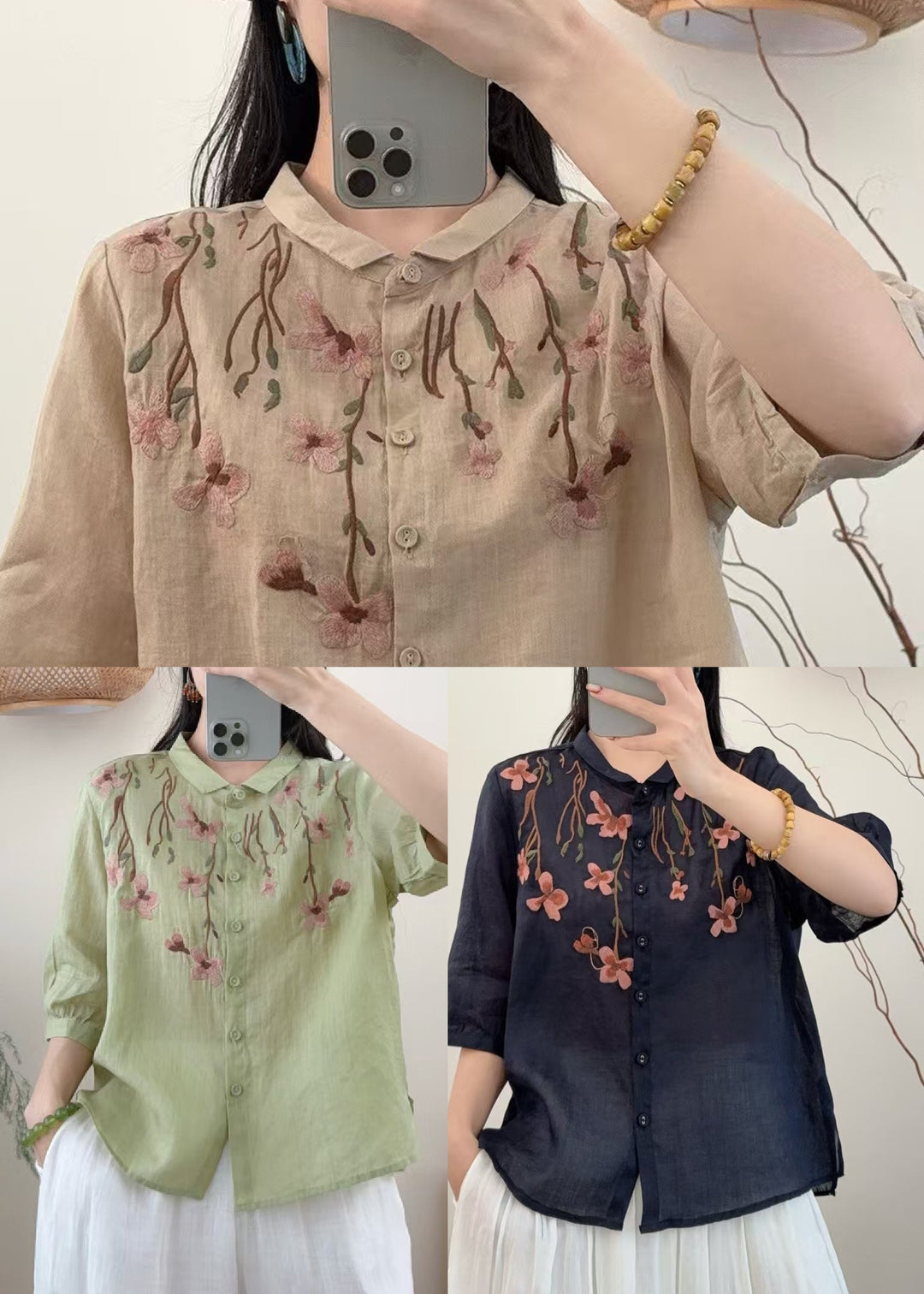 Grass Green Linen Shirt Embroidered Summer