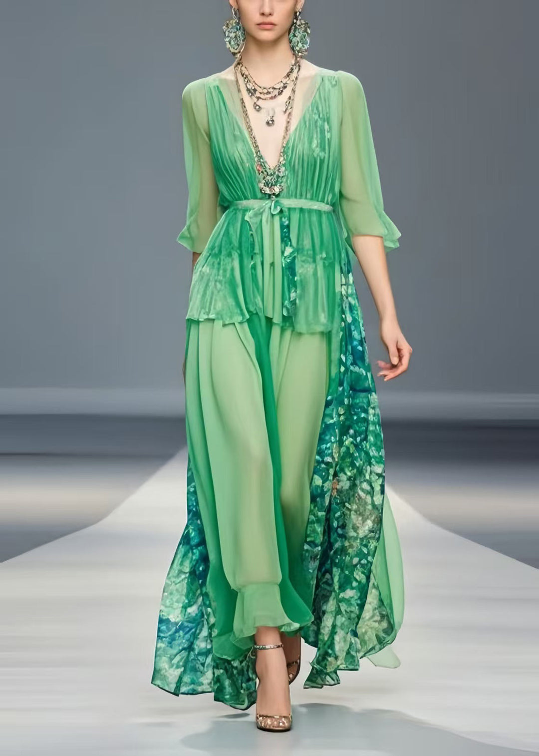 Grass Green Patchwork Chiffon Tunic Dresses Exra Large Hem Summer