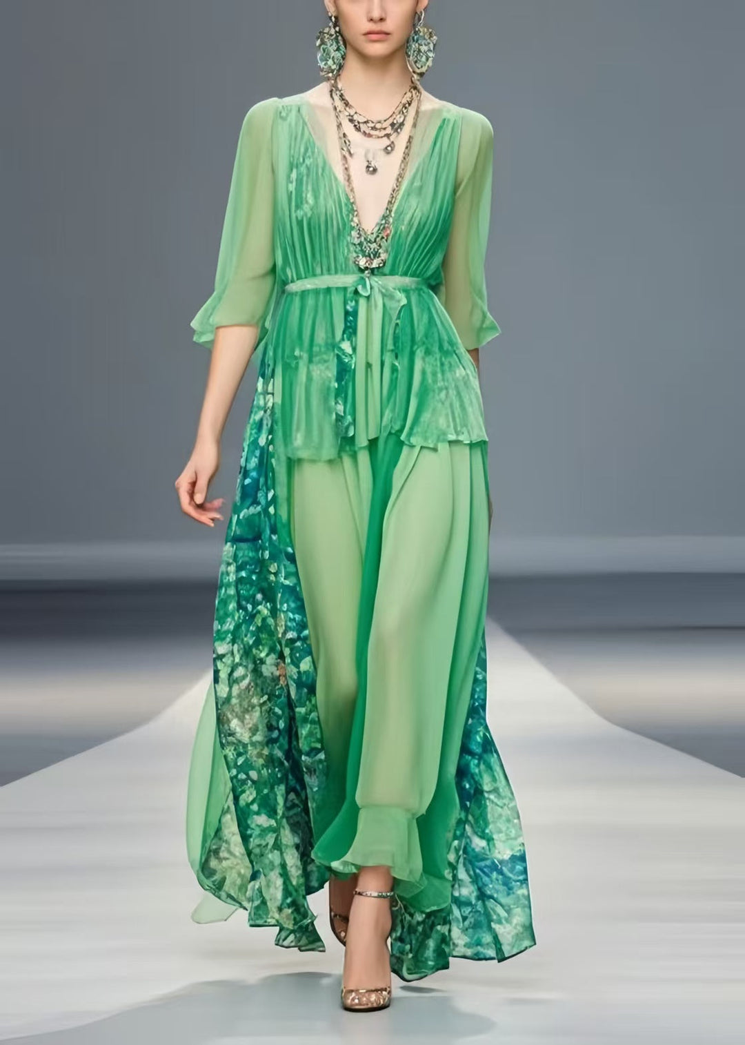 Grass Green Patchwork Chiffon Tunic Dresses Exra Large Hem Summer