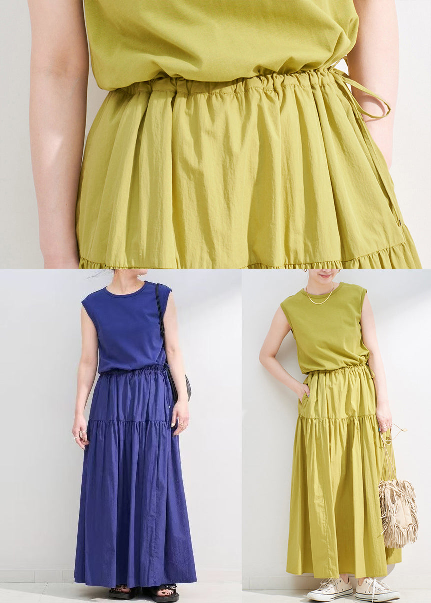 Grass Green Patchwork Cotton Long Dress Drawstring Sleeveless