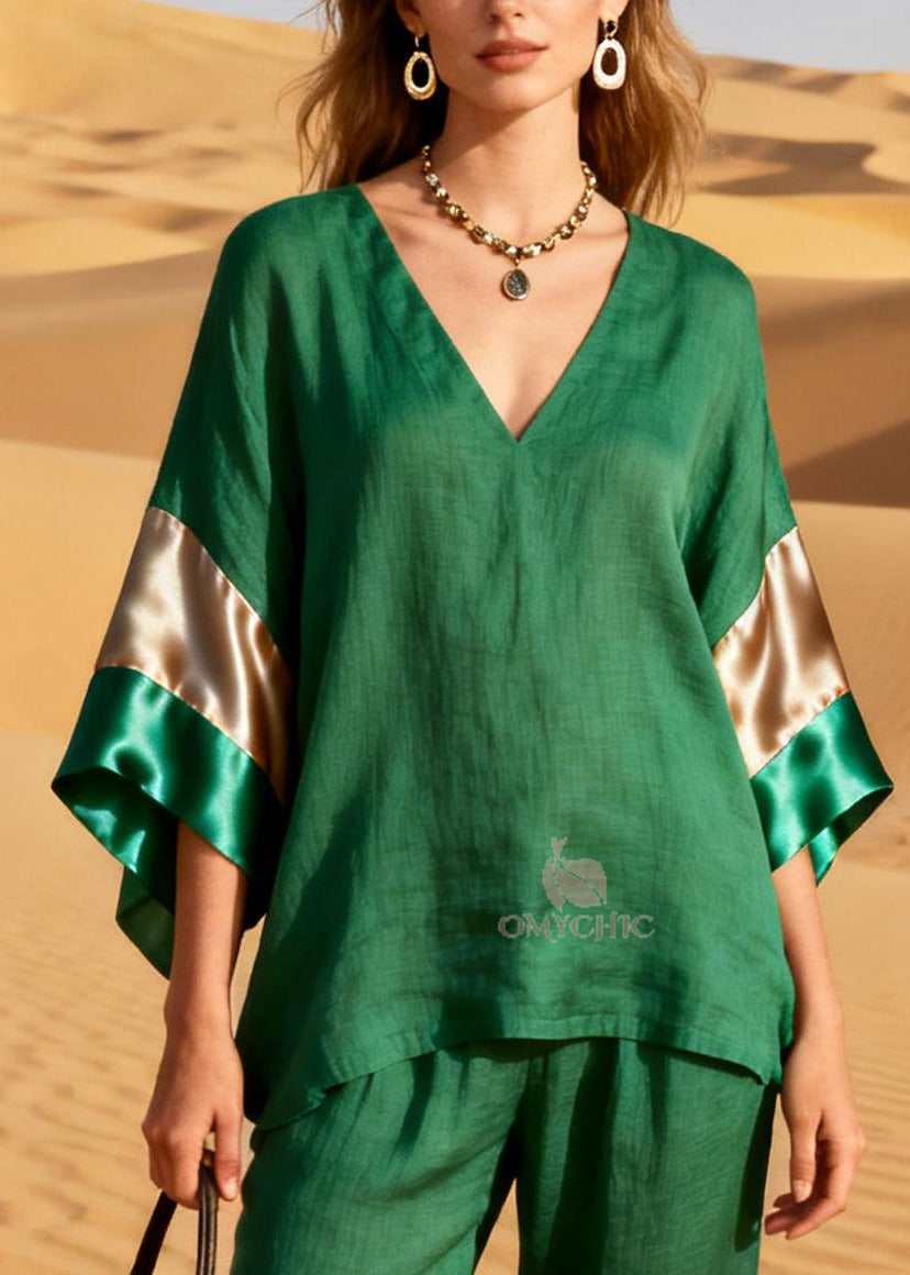 Grass Green Patchwork Linen Silk Two Pieces Set V Neck Summer