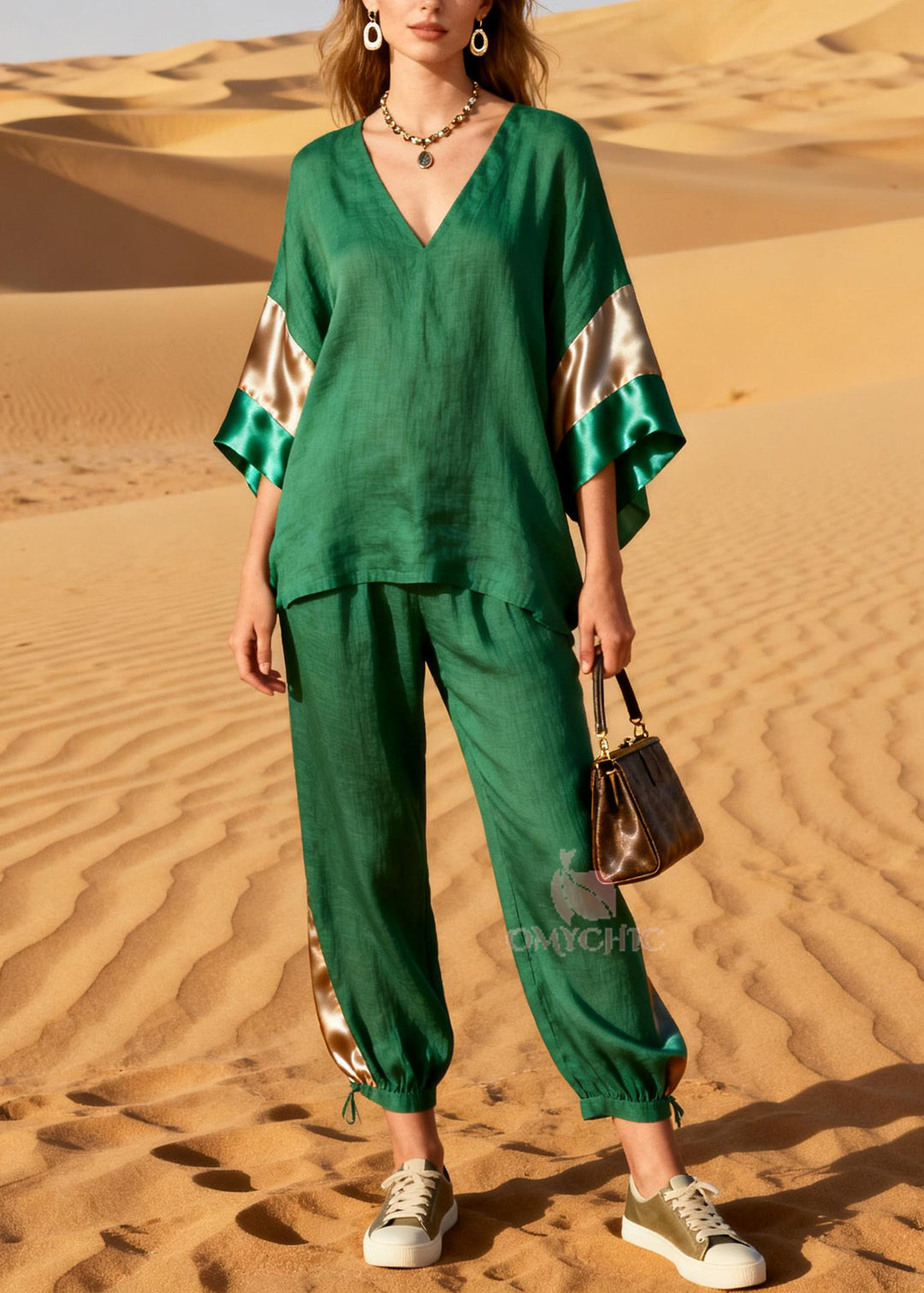 Grass Green Patchwork Linen Silk Two Pieces Set V Neck Summer