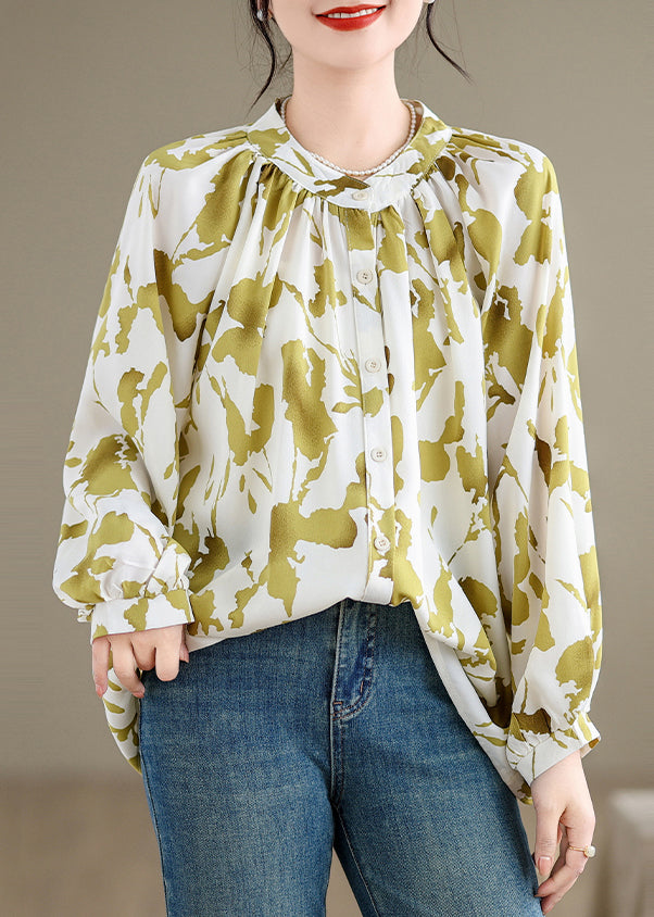 Grass Green Print Chiffon Shirts Oversized Lantern Sleeve