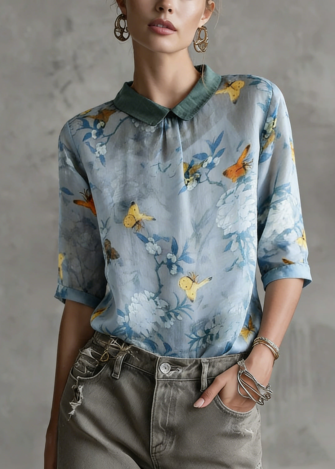 Grass Green Turn-down Collar Print Summer Shirt Half Sleeve