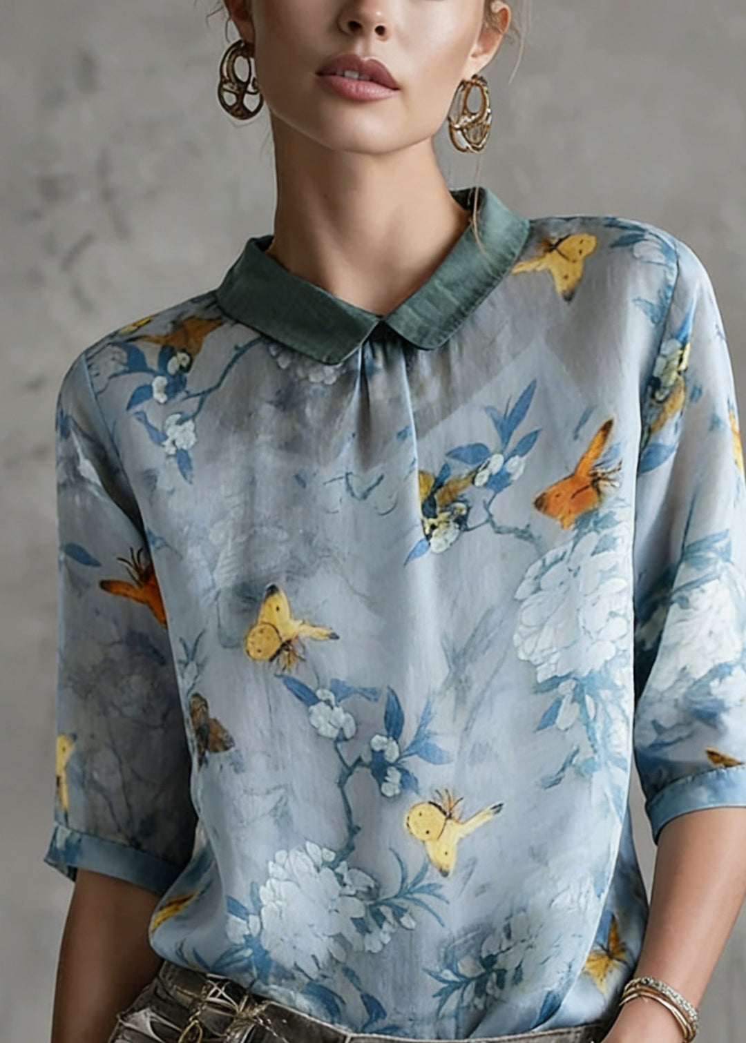 Grass Green Turn-down Collar Print Summer Shirt Half Sleeve