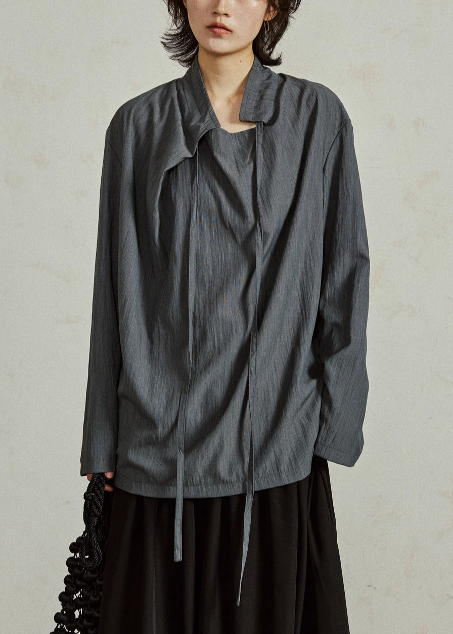 Grayish Blue Lace Up Solid Cotton Shirts Stand Collar