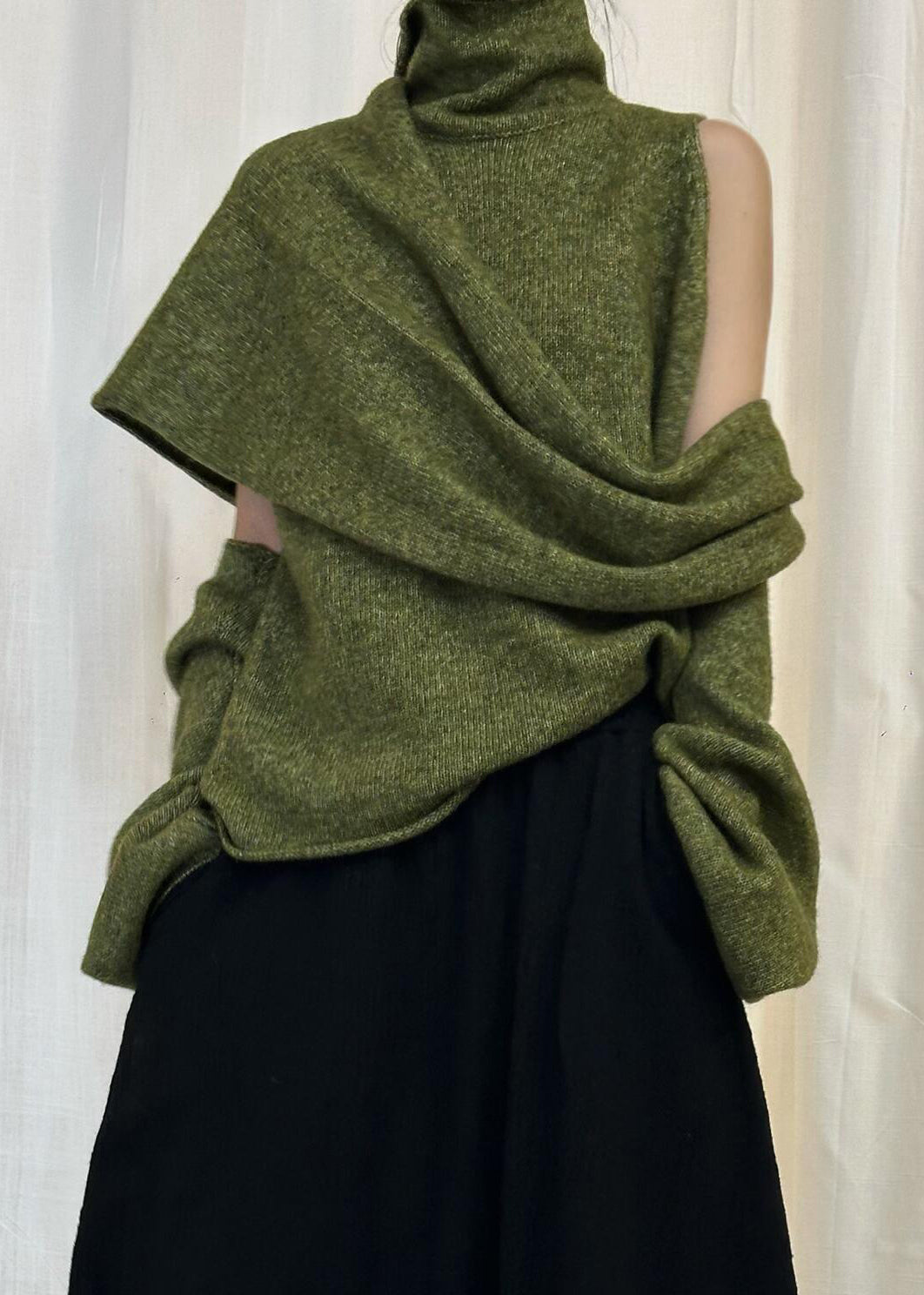 Green Asymmetrical Solid Knit Sweater Turtleneck Winter