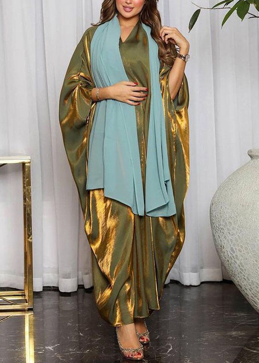 Green Bright Silk Maxi Dresses V Neck Long Sleeve