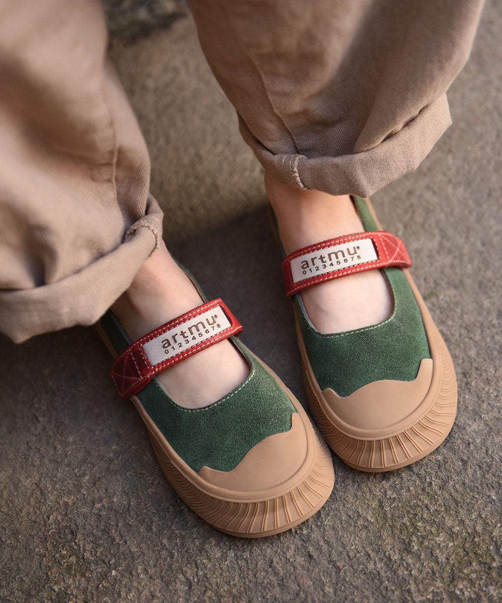 Green Buckle Strap Platform Suede Casual Splicing Flats