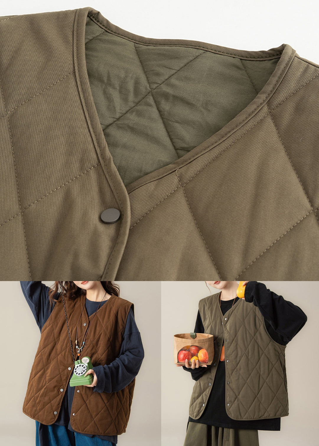 Green Button Cotton Filled Waistcoat And Black T Shirt Two Pieces Set V Neck