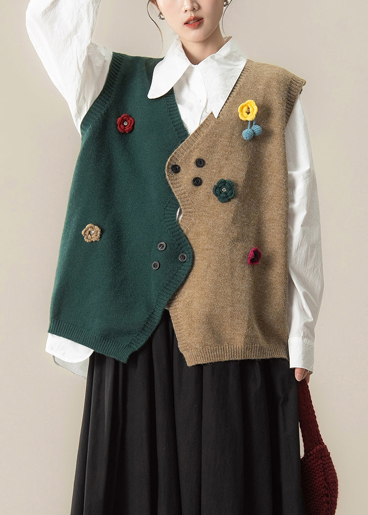 Green Button Cozy Patchwork Knit Vest Asymmetrical Spring
