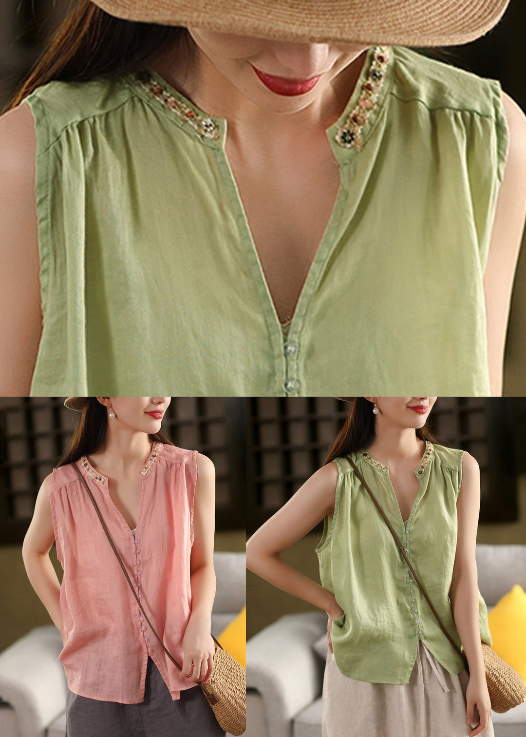 Green Button Patchwork Linen Sleeveless Shirts V Neck