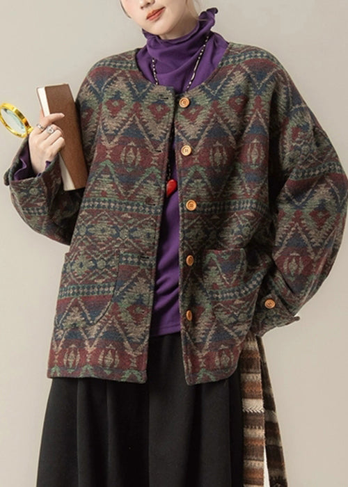 Green Button Pockets Oversized Cotton Filled Parka O Neck