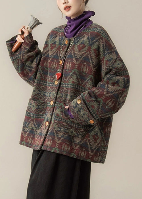 Green Button Pockets Oversized Cotton Filled Parka O Neck