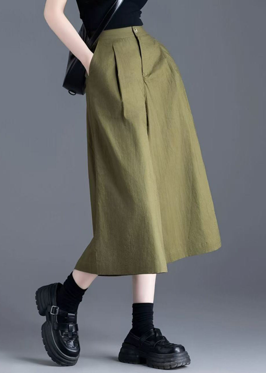 Green Button Solid Linen Wide Leg Pants High Waist