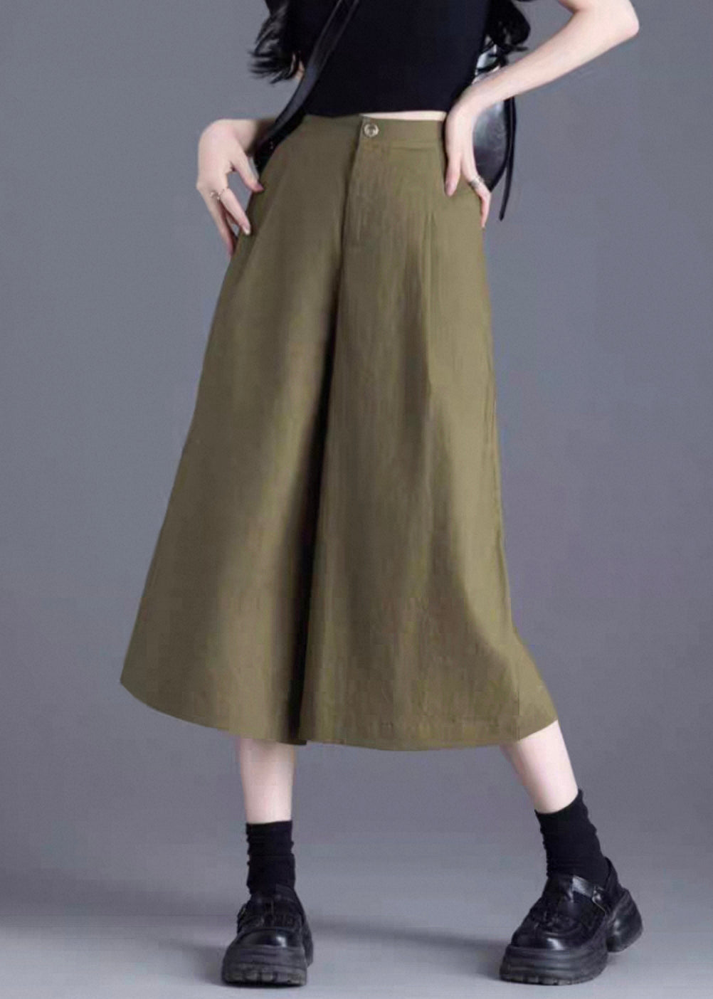 Green Button Solid Linen Wide Leg Pants High Waist