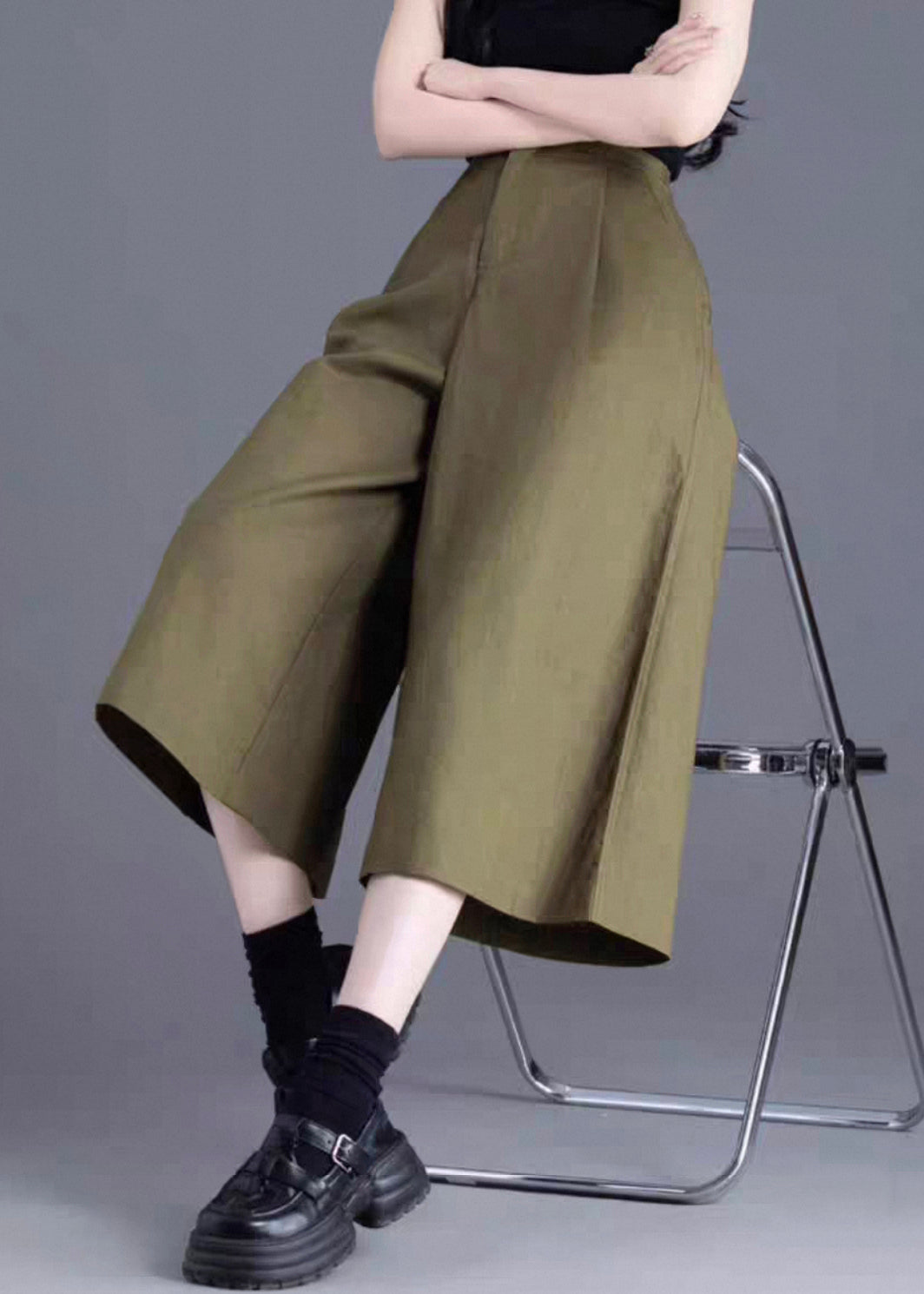 Green Button Solid Linen Wide Leg Pants High Waist