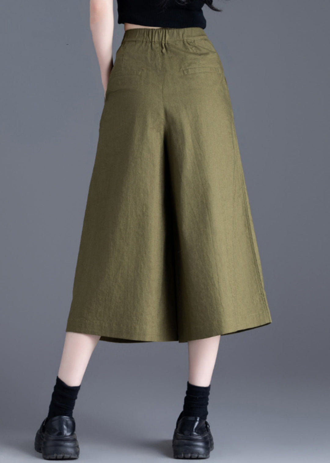 Green Button Solid Linen Wide Leg Pants High Waist